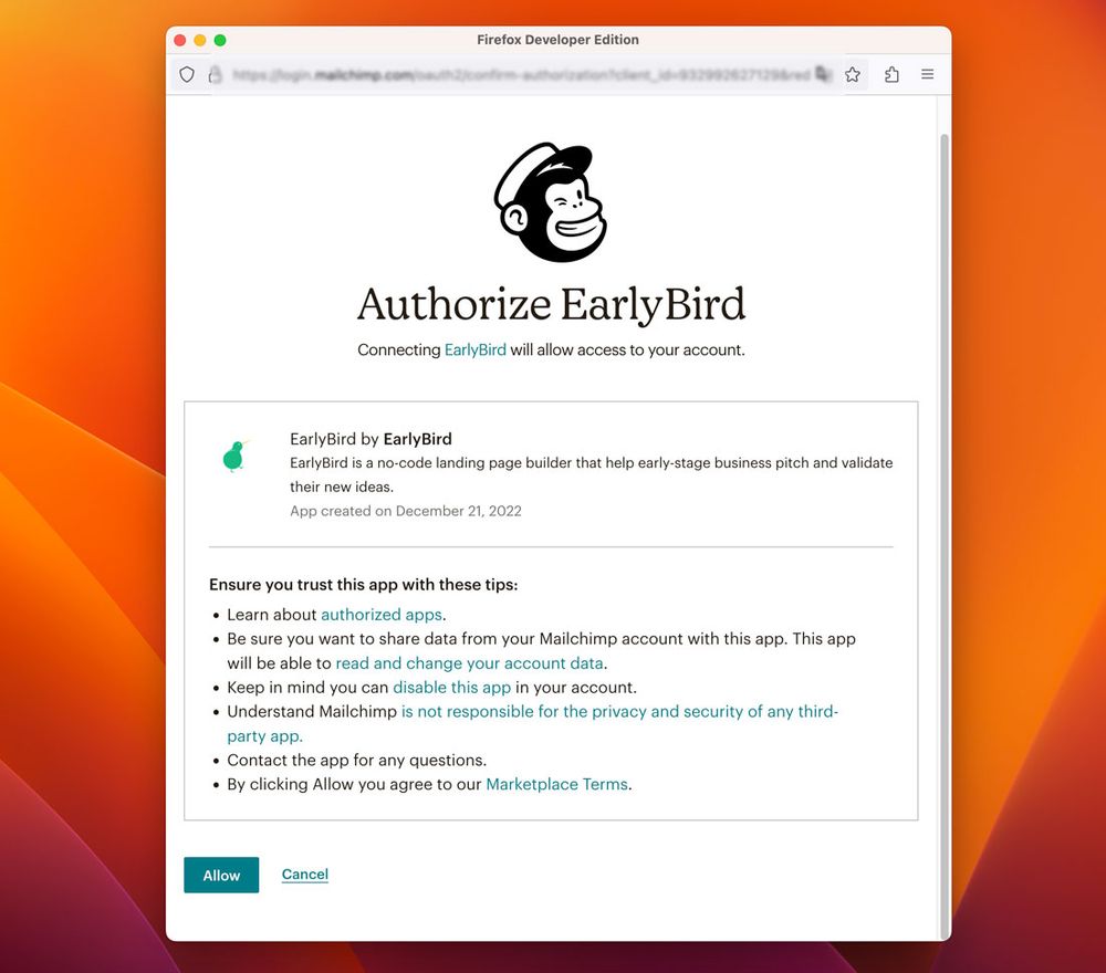 Authorize EarlyBird to access your MailChimp data